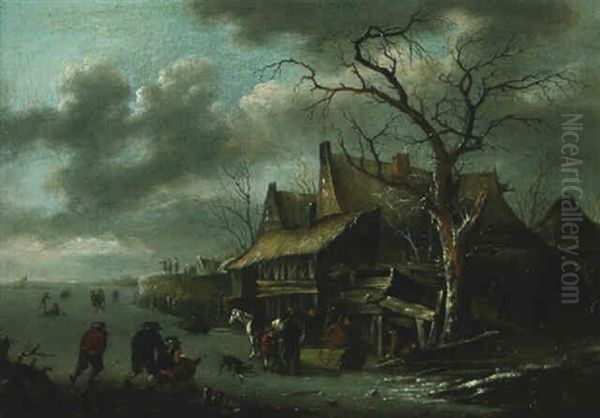 Peasants On A Frozen Waterway Near A Village - view 1