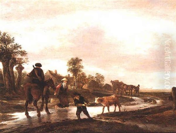A Milkmaid Crossing A Waterlogged Track In Front Of A Man On A Horse, Whilst A Young Boy Struggles With A Calf, A Cart And Horse Led By A Man Beyond - view 1