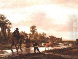 A Milkmaid Crossing A Waterlogged Track In Front Of A Man On A Horse, Whilst A Young Boy Struggles With A Calf, A Cart And Horse Led By A Man Beyond