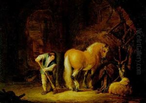 Stallansicht Mit Einem Knecht, Pferd, Schaf Und Ziegenbock
