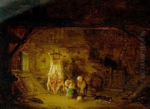 Scheuneninterieur Mit Kindern Und Einem Geschlachteten Schwein