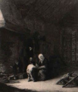 Bauernpaar Mit Zwei Kindern Am Kamin Ihrer Wohnstube by Isaac Van Ostade