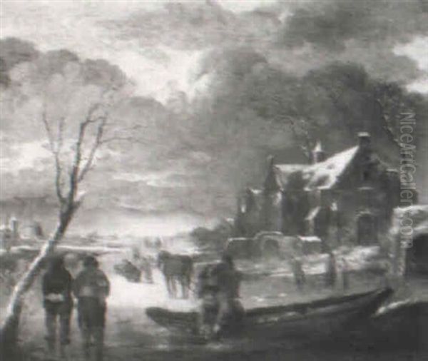A Winter Landscape With Peasants On A Frozen Waterway - view 1