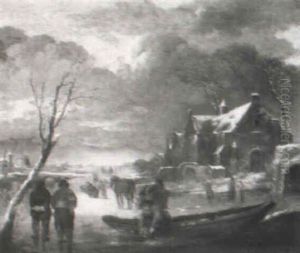 A Winter Landscape With Peasants On A Frozen Waterway by Isaac Van Ostade