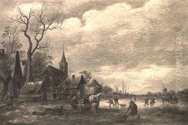A Winter Landscape With Peasants On A Frozen River - view 1