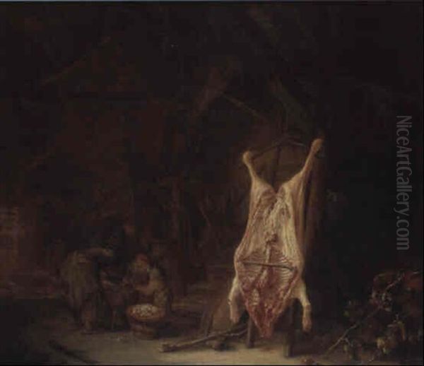 Scene D'interieur D'etable Avec Un Cochon Ecorche - view 1