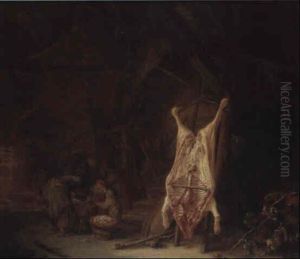 Scene D'interieur D'etable Avec Un Cochon Ecorche