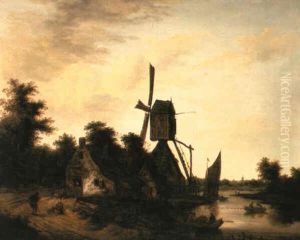 A River Landscape With A Windmill And Peasants Resting By Cottage by Isaac Van Ostade