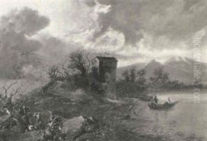 A Landscape With Peasants Cutting Wood By A Lake by Isaac Van Ostade