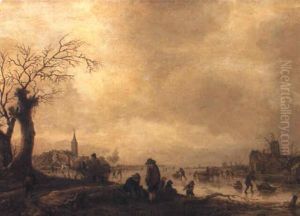Winter Landscape With Townsfolk On A Frozen Waterway by Isaac Van Ostade