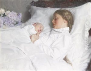 Mor Och Barn, Sannolikt Konstnarens Hustru Emelie Och Sonen Carl Gustaf by Emil Oesterman