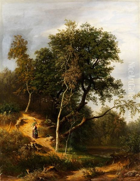 Baumlandschaft Mit Waldweg Und Einer Kraxen Tragenden Bauerin - view 1
