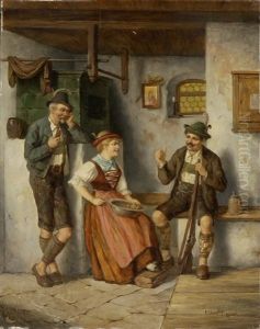 Zwei Jager Und Ein Madchen Beim Kartoffelschalen