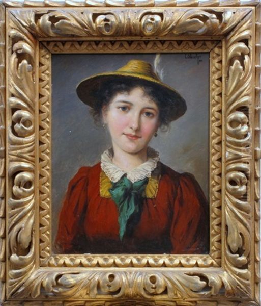 Damenportrait - Junge Frau In Roter Tracht Mit Hut - view 1