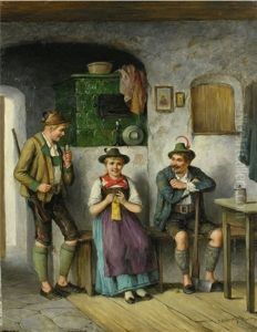 Strickende Magd Und Zwei Burschen by Carl Ostersetzer