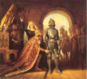 A Court Scene With A King Kneeling In Gratitude To A Knight (saint George?) by Georg Osterwald