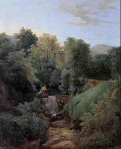 Figures By A Waterfall With A Mountainous Landscape Beyond
