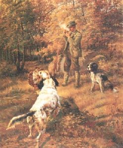 Two Hunting Dogs With Man Lighting Pipe