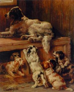 A Setter With Her Puppies In A Kennel A Setter With Her Puppies In A Kennel