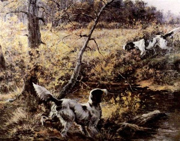 Two Setters By A Stream In A Fall Landscape - view 1