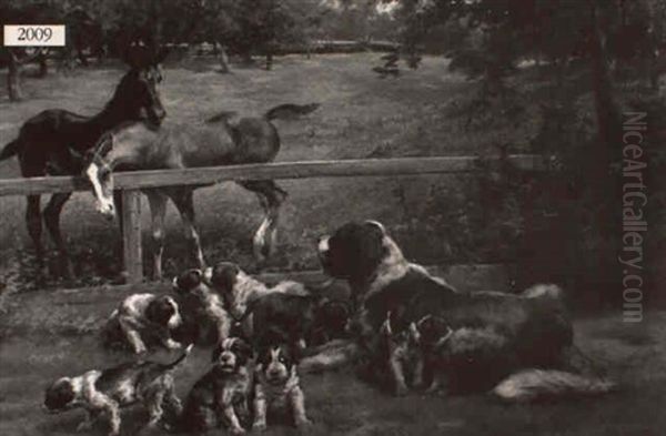 Landscape With Two Horses And Dog With Puppies - view 1