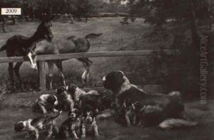 Landscape With Two Horses And Dog With Puppies by Edmund Henry Osthaus