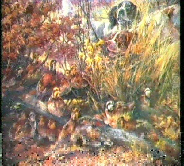 Setters Pointing At Quail - view 1