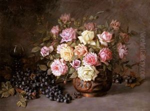 Stillleben Mit Rosen Und Weintrauben Oben Links Signiert: Marie Osthaus by Marie Osthaus