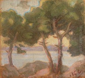 Rocky Coast (+ 2 Others, Smaller, 1 Oil On Panel, 1 Pastel On Paper; 3 Works) by Nicholaos Othoneos
