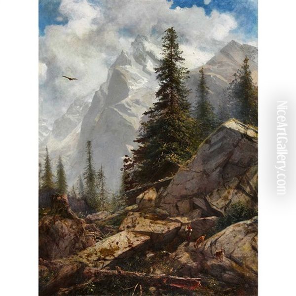 Wilde Gebirgslandschaft Mit Ziegen Und Hirtin - view 1