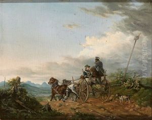 Zweispanniges Gefahrt Mit Personenstaffage Auf Altem Weg, Im Hintergrund Bayerischer Gebirgssee thumbnail