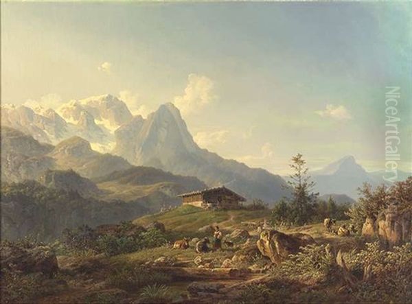 Alpenlandschaft Mit Bergbauernhof, Hirtin Und Vieh - view 1