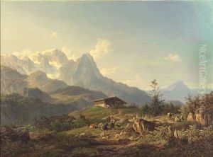 Alpenlandschaft Mit Bergbauernhof, Hirtin Und Vieh by Johann Nepomuk Ott