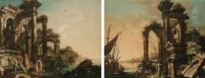 Marinas Con Ruinas Y Personajes (pair) by Gaetano Ottani