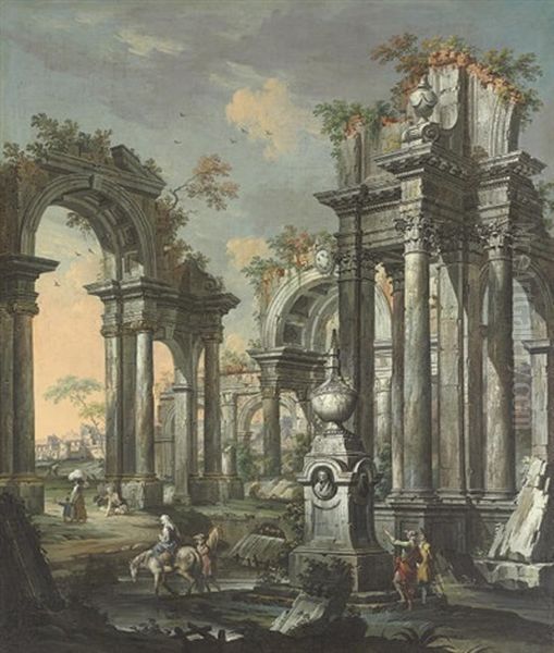 An Architectural Capriccio With Classical Ruins Bearing The Medici Coat-of-arms, Two Travelers Admiring A Tomb - view 1