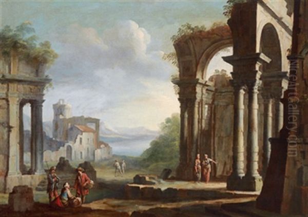 Flusslandschaft Mit Antiken Ruinen, Capriccio Architettonico Con Figure - view 1