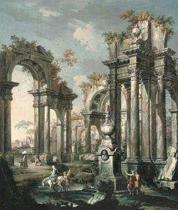 An Architectural Capriccio With Classical Ruins Bearing The Medici Coat-of-arms, Two Travelers Admiring A Tomb, Peasants By A Stream And A Village Beyond
