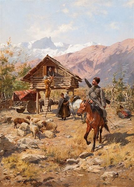 Kosake Im Russischen Hochgebirge Vor Bauerlichem Gehoft - view 1
