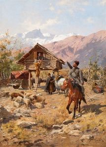 Kosake Im Russischen Hochgebirge Vor Bauerlichem Gehoft