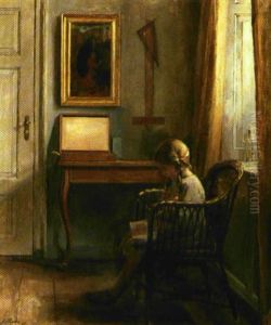Interior Med Laesende Pige Ved Vinduet by Johannes Ottesen