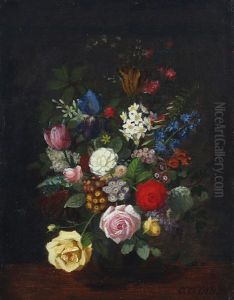 Still Life With Roses, Primula And Hyacinth In A Vase