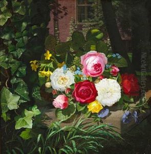 Still Life With Roses, Bindweed And Forget-me-nots In A Basket On A Bench In A Garden