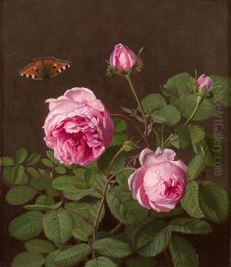 Rosenbluten Mit Tautropfen Und Schmetterling by Otto Didrik Ottesen
