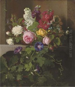 A Basket Of Flowers On A Ledge A Basket Of Flowers On A Ledge