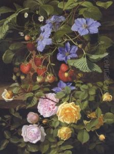 En Jordbaerplante Sammen Med En Clematis Samt En Gul Og Rod Rose I Et Vaexthus