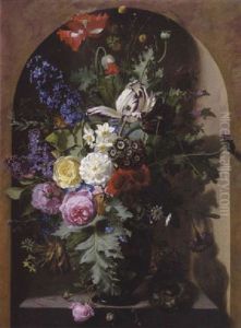 Brogede Blomster I Vase I En Niche. Ved Vasens Fod En Rede Med Aeg