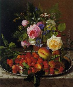 Still Life With Roses And Strawberries On A Silver Salver by Otto Didrik Ottesen
