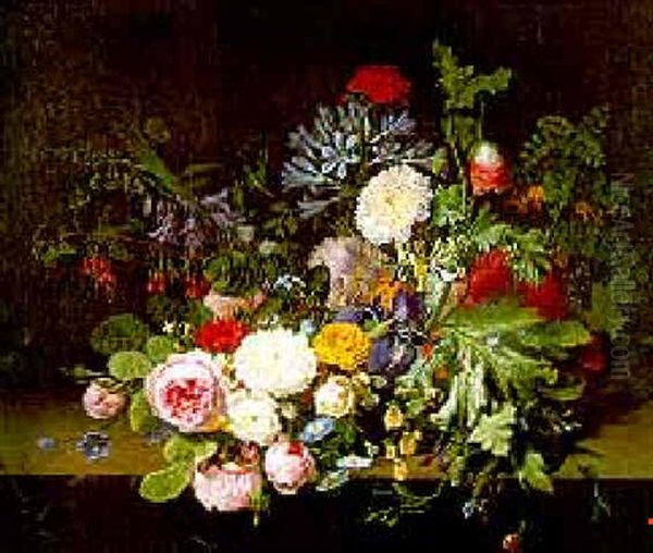 A Still Life Of Flowers In Basket On A Stone Ledge - view 1