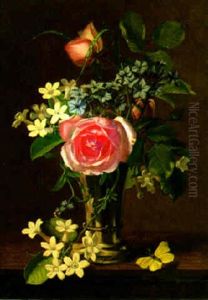 Still Life With Pink Roses, White And Blue Flowers by Otto Didrik Ottesen