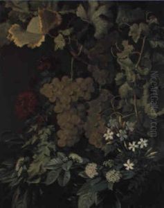 Vinranke Med Gr+nne Druer, R+de Asters Og Hvide Blomster